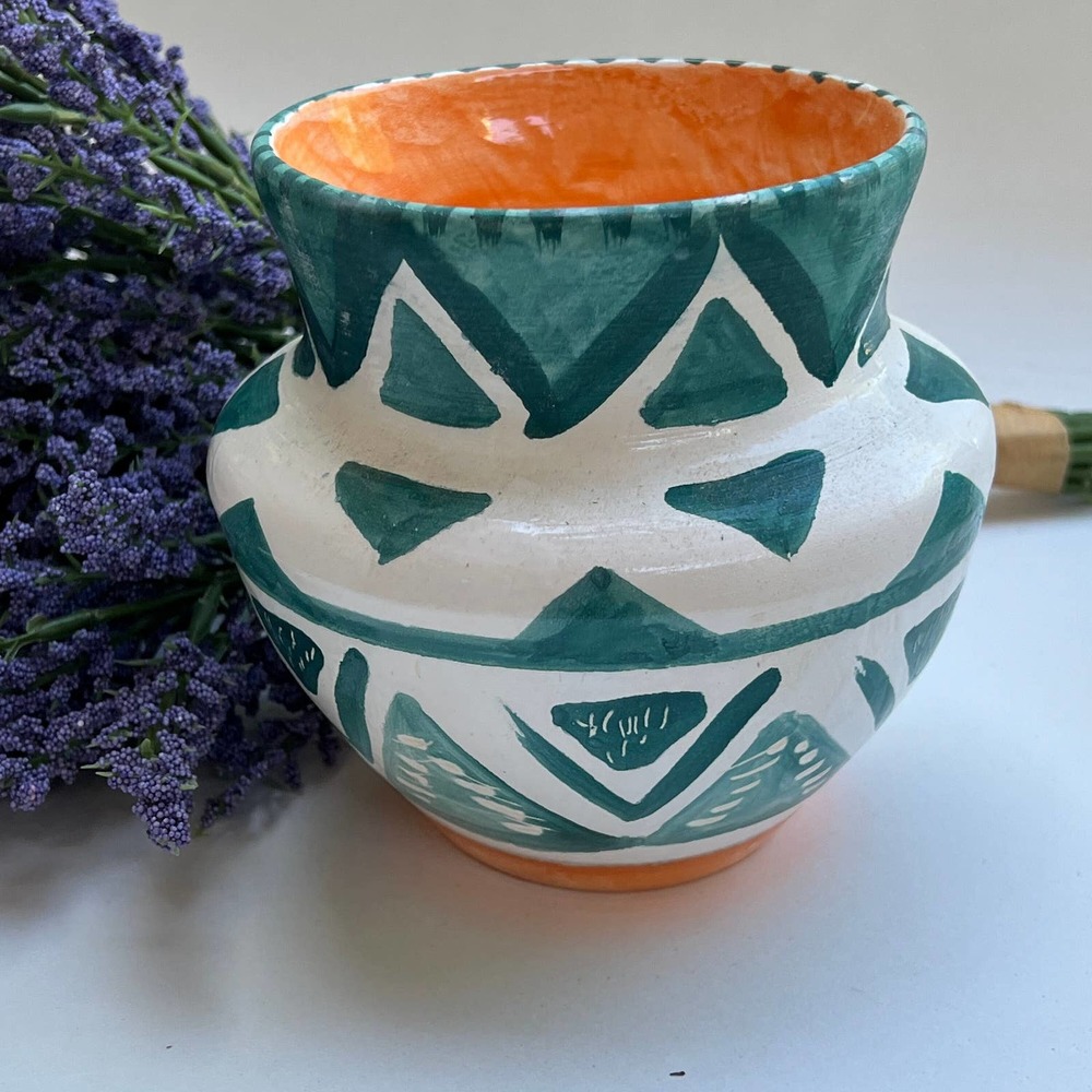 Teal and White Pottery Vase with Geometric Pattern